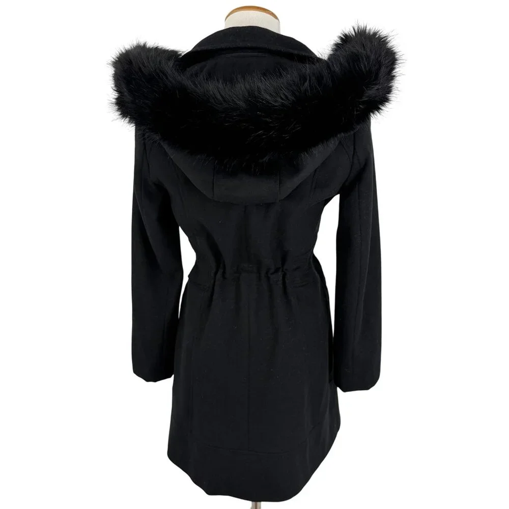Laundry By Shelli Segal Black Wool Faux Fur Trim Hooded Coat | Cozy Quiet Luxury - Picture 7 of 16
